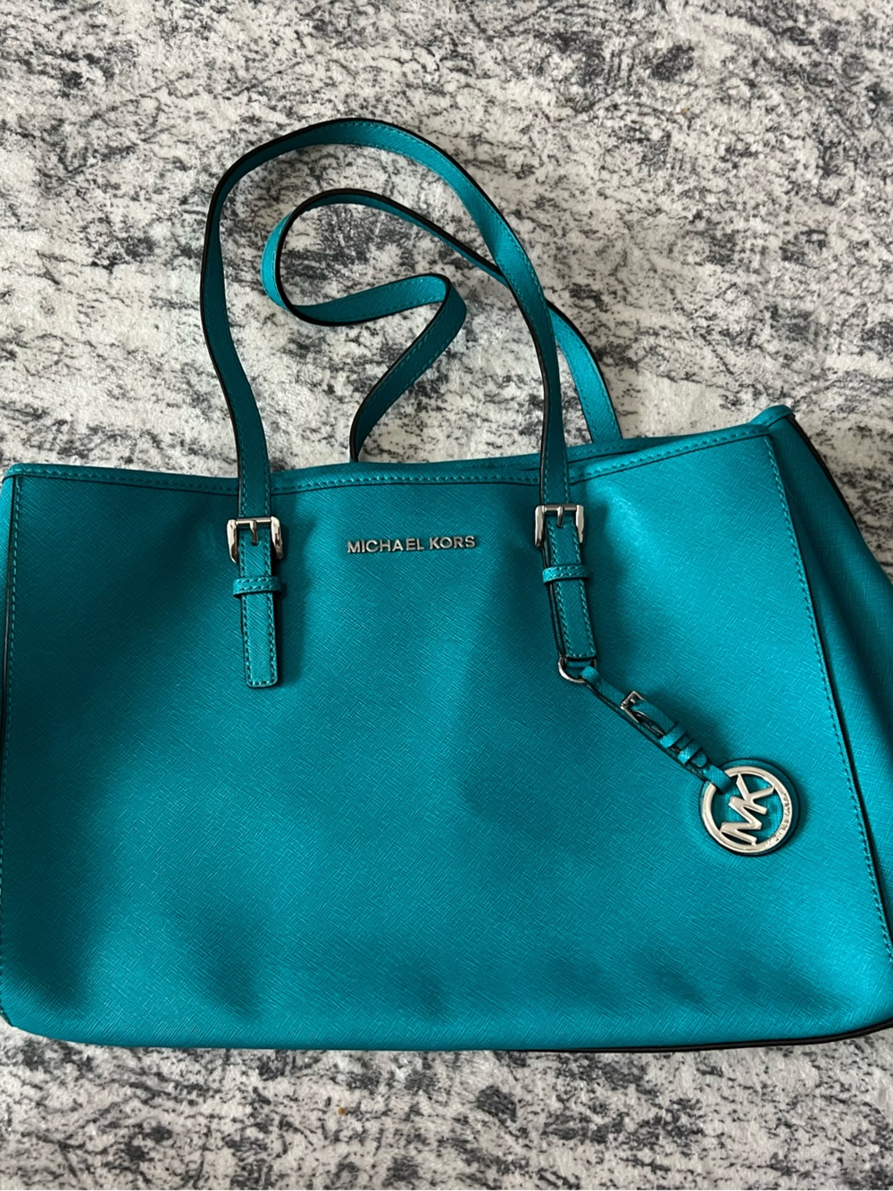 Michael Kors Teal Saffiano Tote with Signature Charm